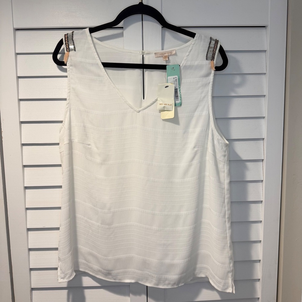 Skies Are Blue Ibiza Shoulder Detail Top White XL NWT‎ Boho Beaded Tassel V-Neck
